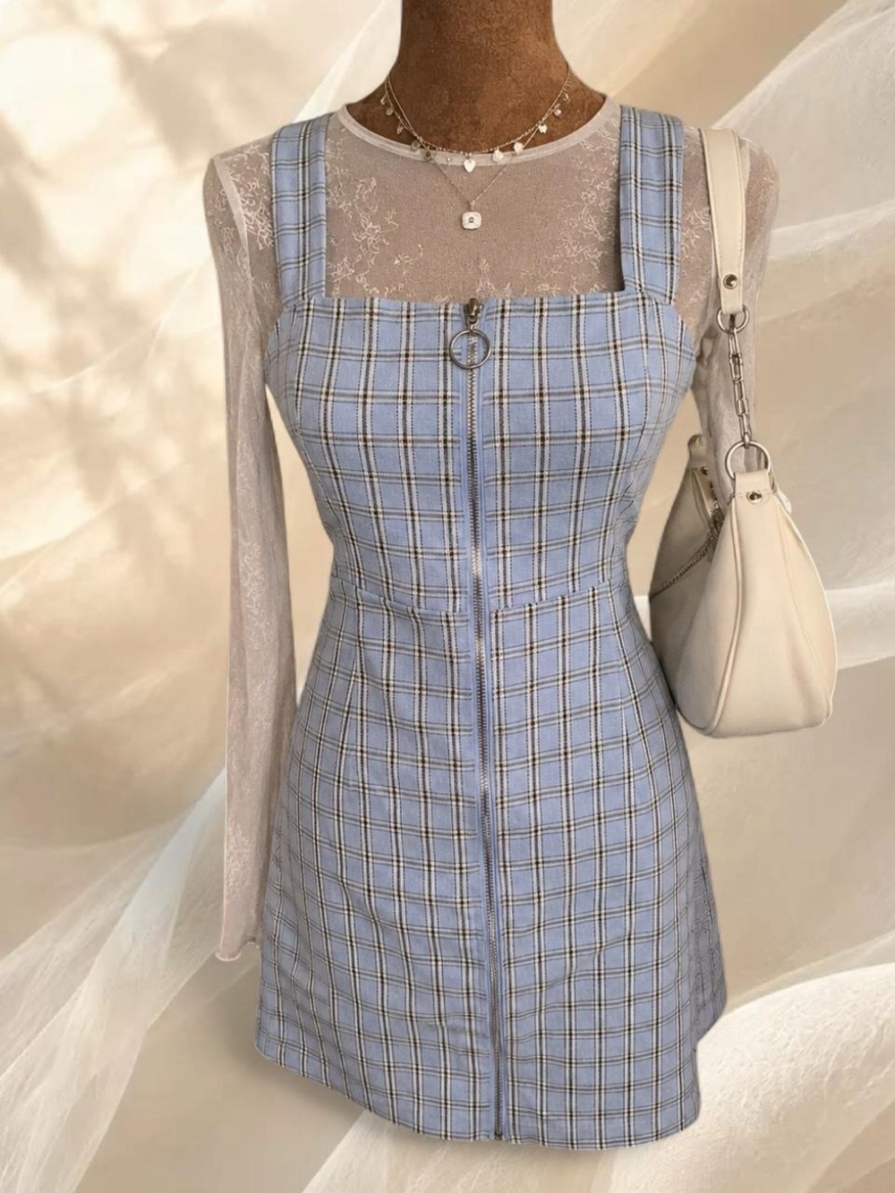 Forever 21 Blue Plaid Zip Front Mini Dress O-Ring Sleeveless Medium